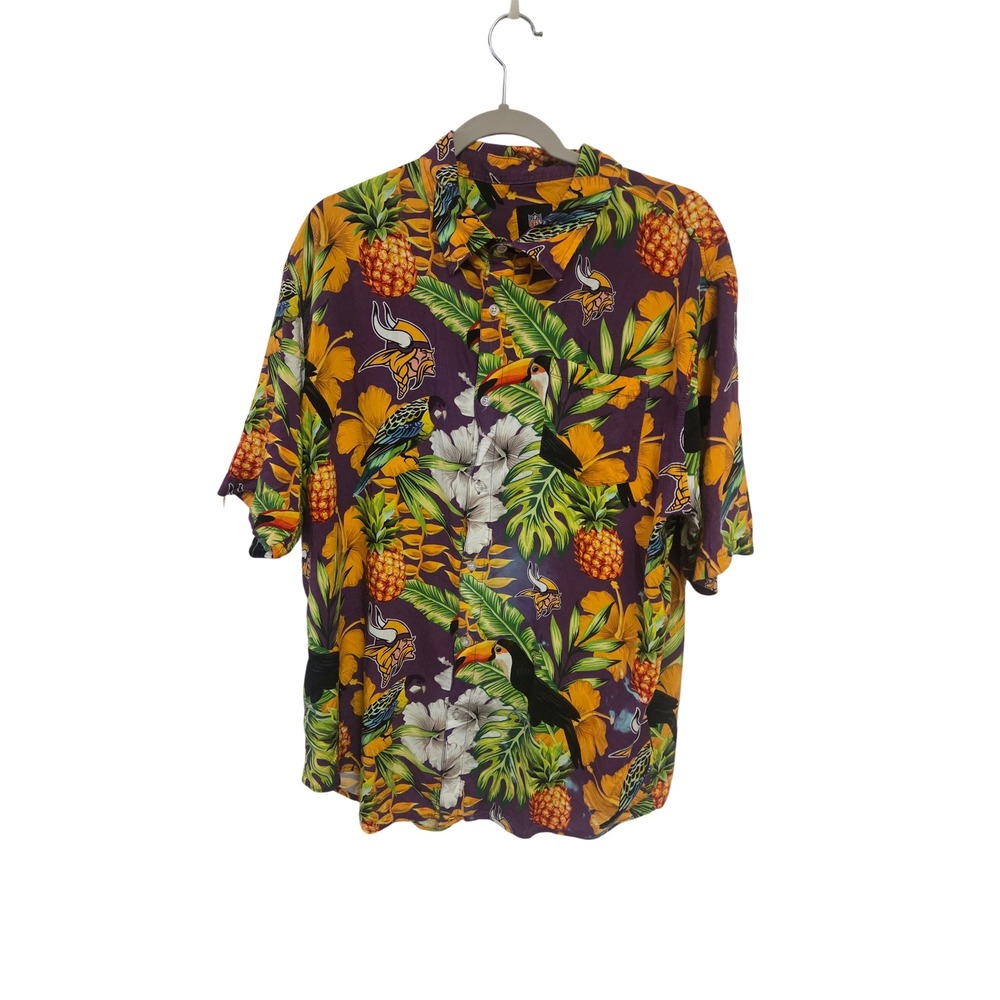 NFL Minnesota Vikings Tropical Floral Button Up Shirt Purple Gold 2XL Toucan